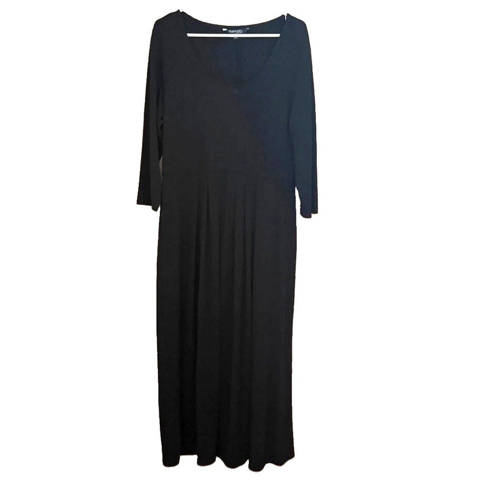 Chadwicks Black Maxi Dress Size L 3/4 Sleeve V-Neck Stretch Jersey